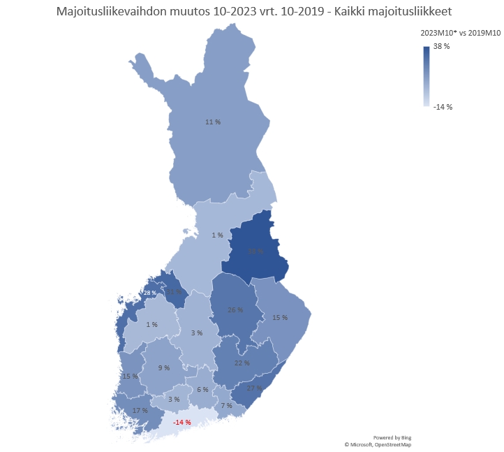 Majoitusliikevaihdon muutos maakunnittain lokakuussa 2023 vrt. lokakuu 2019.